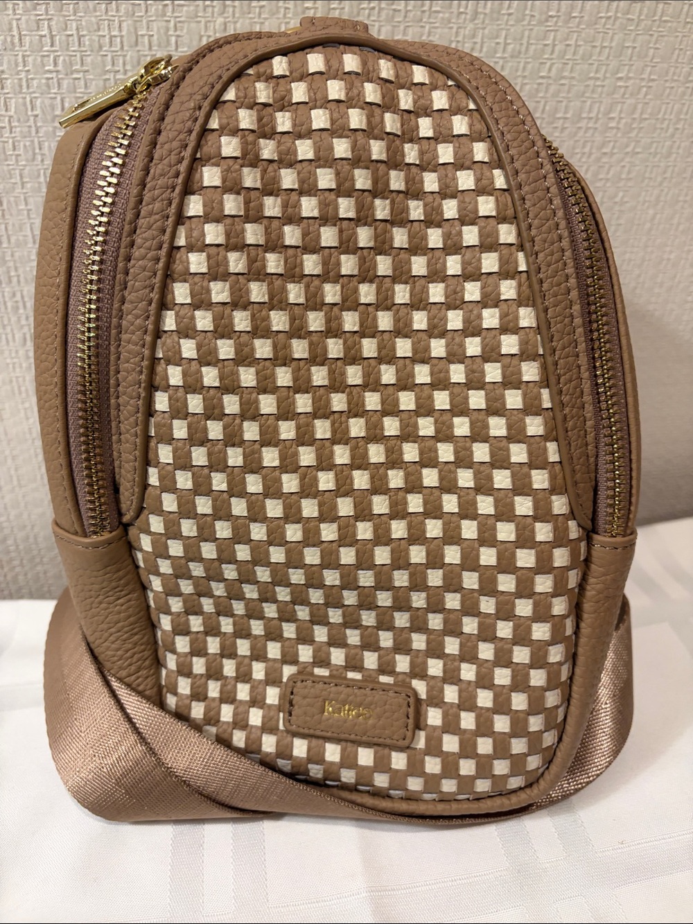 Woven Mini Crossbody Bag by Kattee in Taupe and Cream